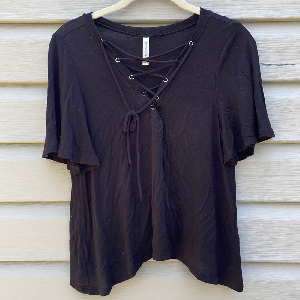 Active USA Black Lace-up V-Neck Top